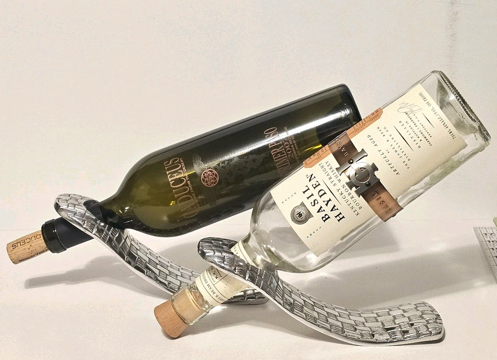 Silver-Tone Wine Bottle Holders Basketweave Textured Design Anti-Gravity Float