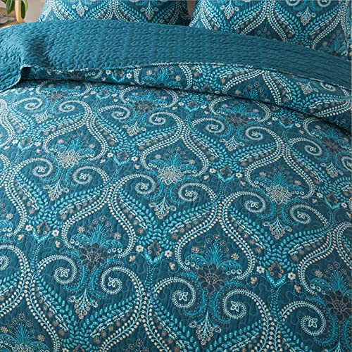 Cotton Bedspread Quilt Sets-Reversible Patchwork Queen Turquoise Classic Royal