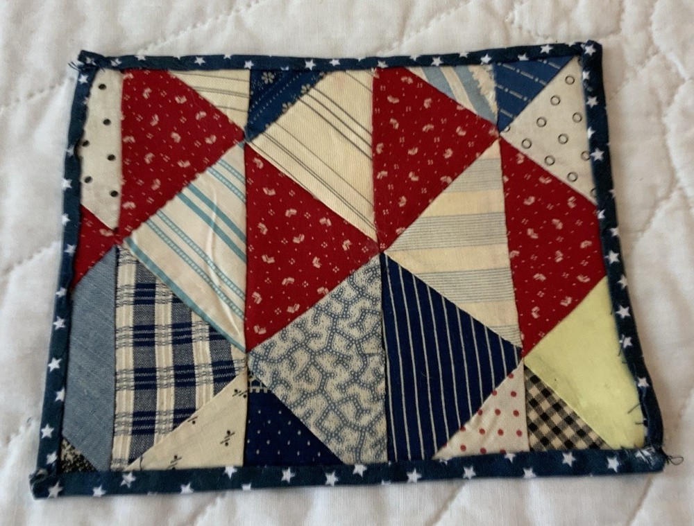 Vintage Antique Patchwork Quilt Table Topper, Early Calicos, Triangles, Multi