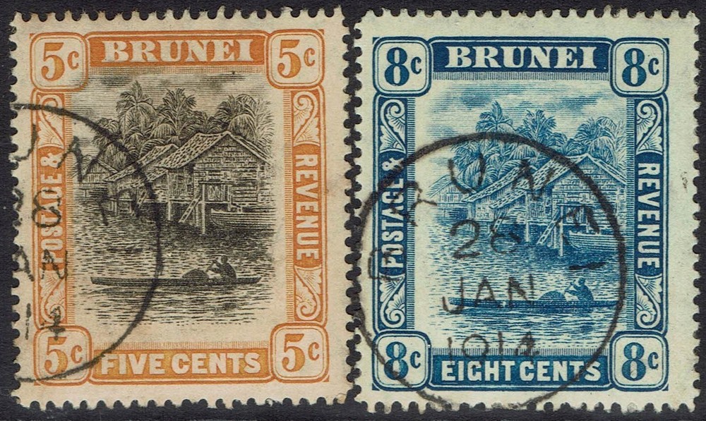 BRUNEI 1908 RIVER VIEW 5C AND 8C WMK MULTI CROWN CA USED
