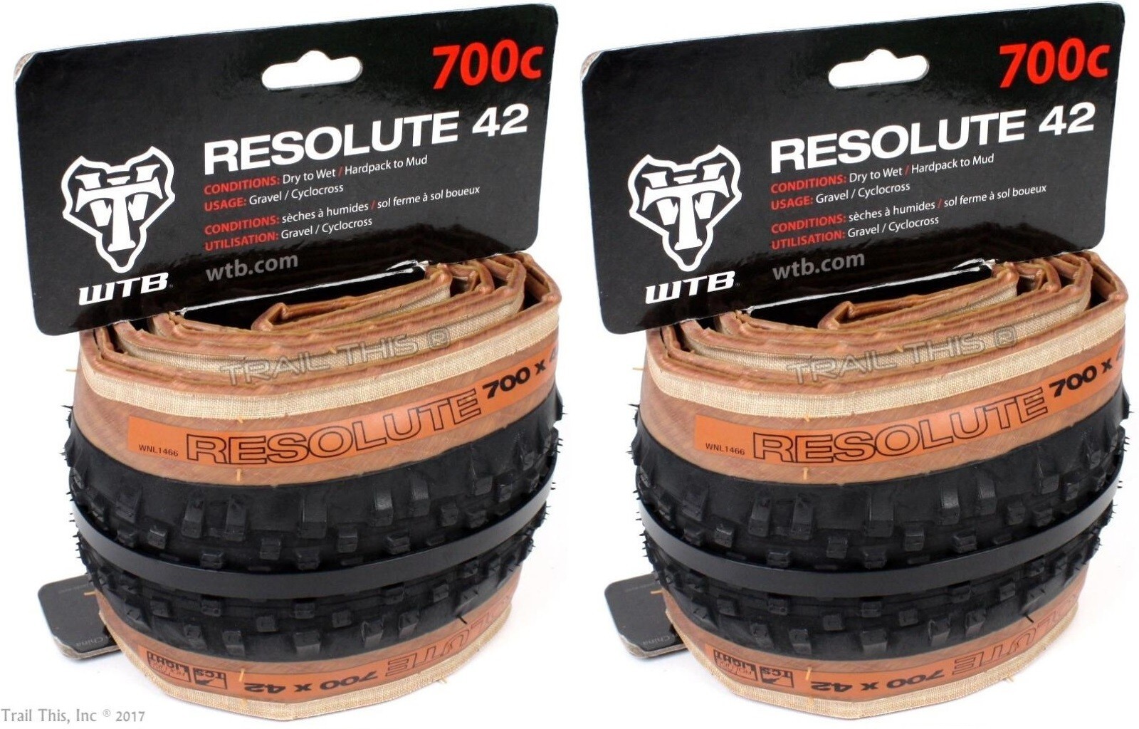 2 WTB Resolute 700 x 42 TCS Tubeless Black & Tan Gravel Bike Tires Two-Pack