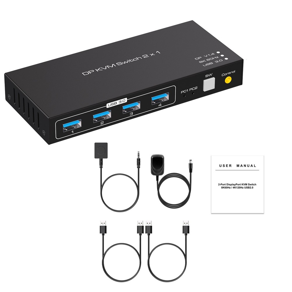 New DP KVM USB Switch 2x1 Durable Replacement Parts For 2 Computers 1 Monitors