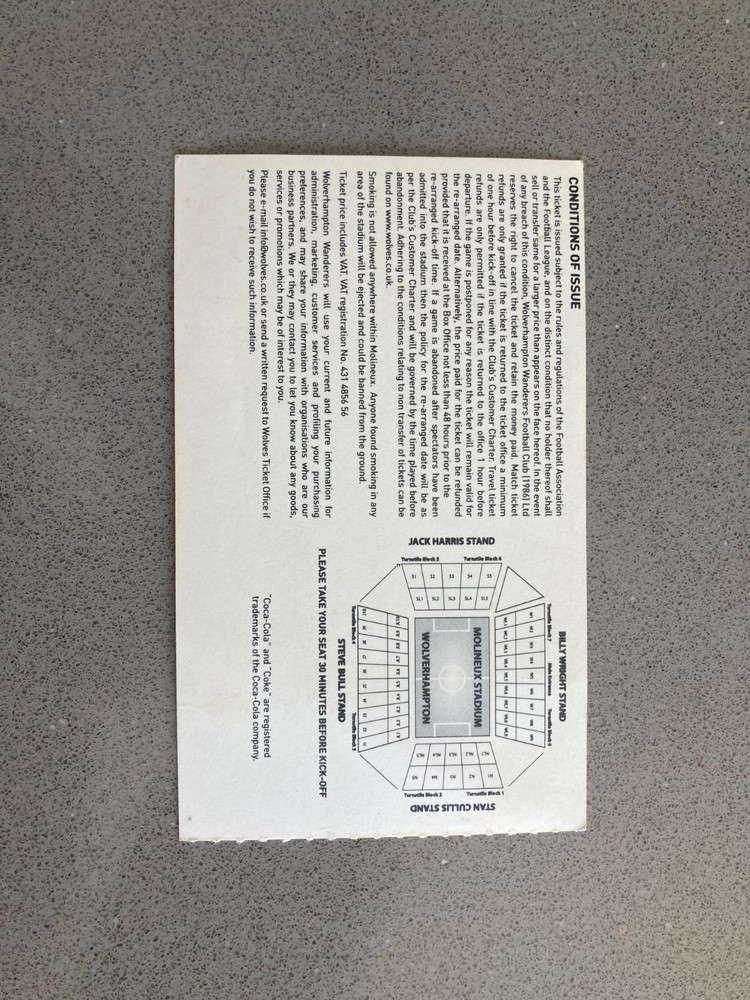 Wolverhampton Wanderers v Reading 2007-08 Match Ticket