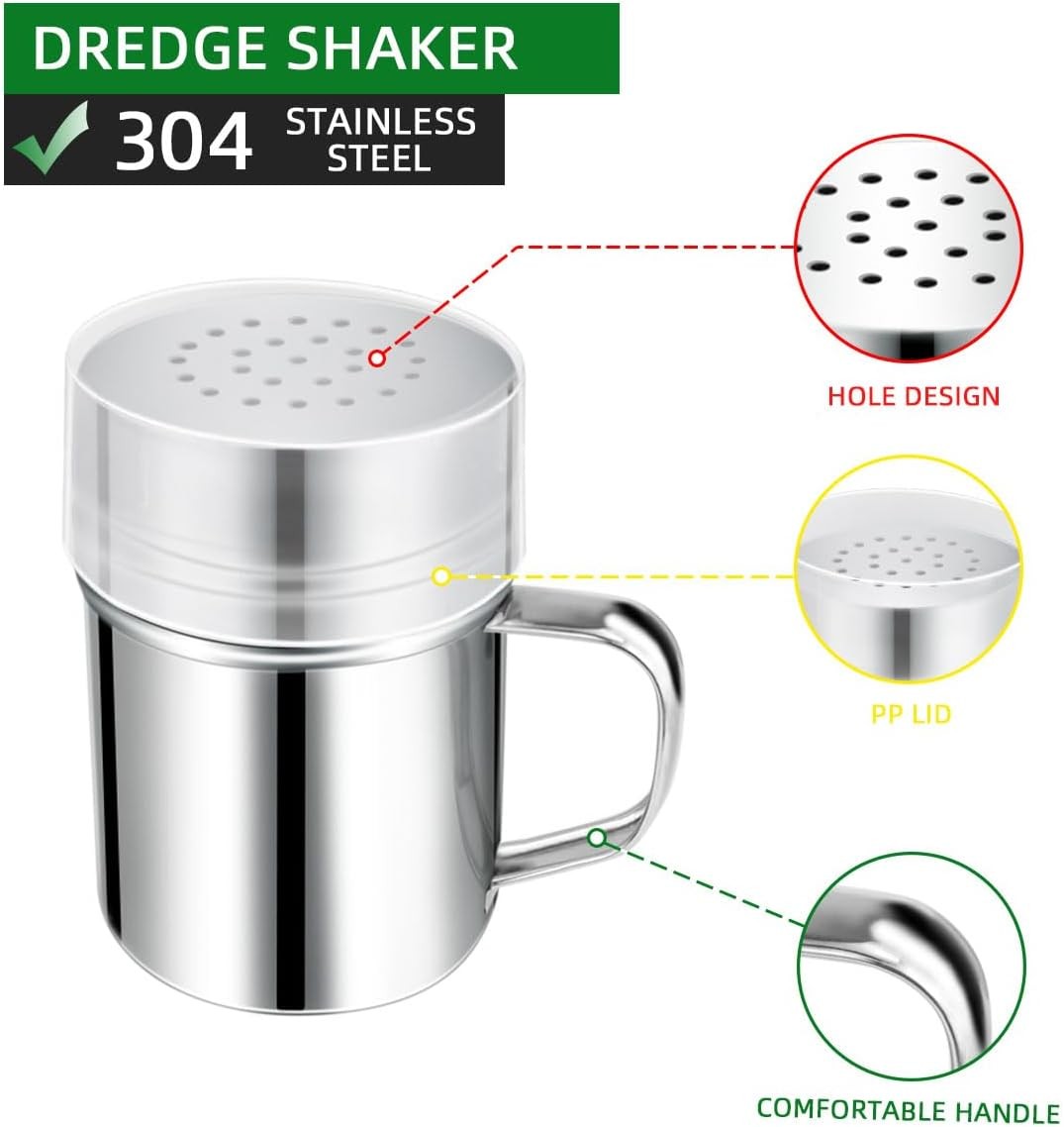 Stainless Steel Dredge Shaker Spice Shakers with Handle Powdered Sugar Shaker Pe