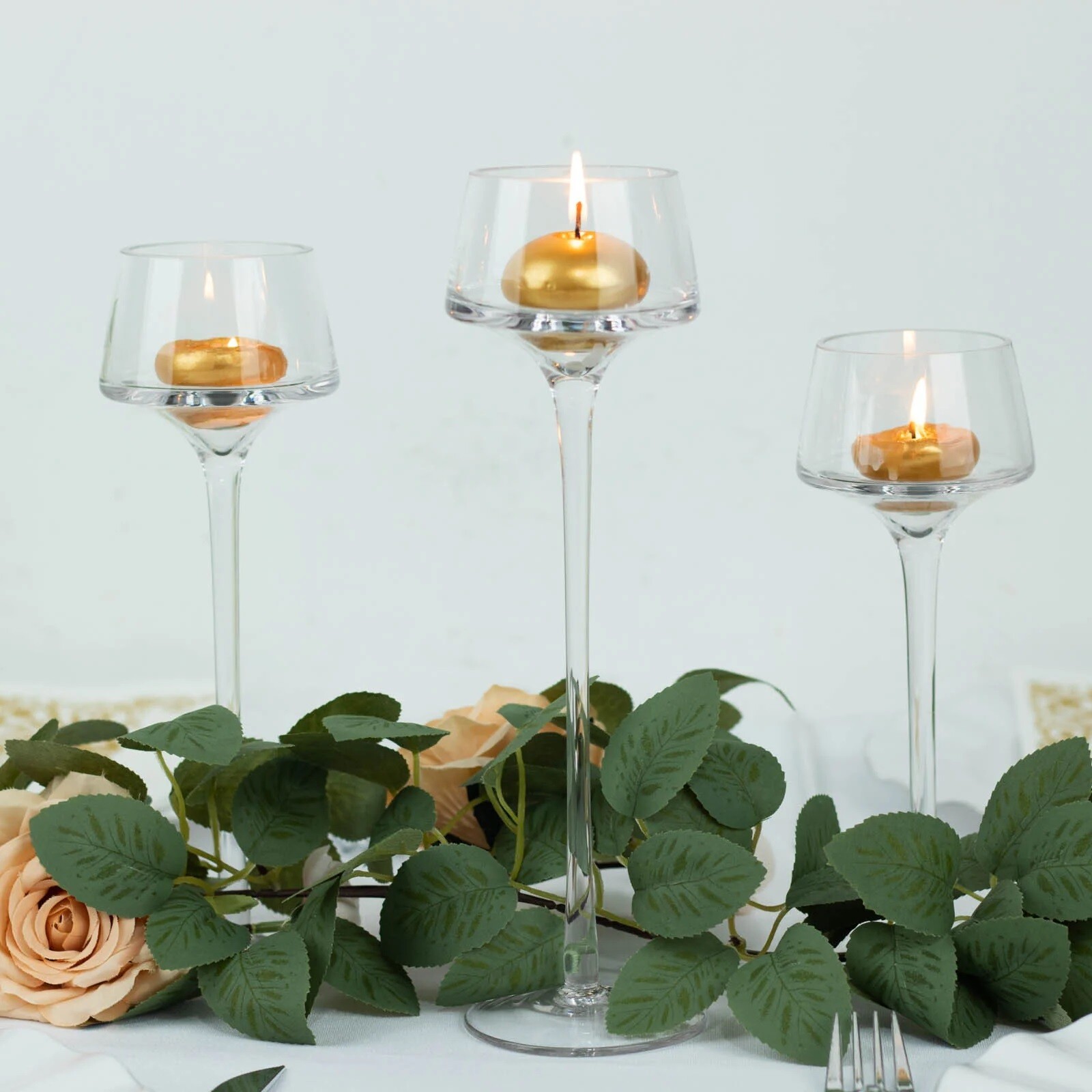3 CLEAR Long Stem Crystal Glass CANDLE HOLDERS Vases Centerpieces Party Events