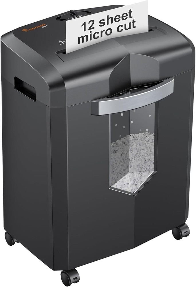 Jam-Proof 12-Sheet Micro Cut Shredder: Portable Design & 60 Min Continuous Use