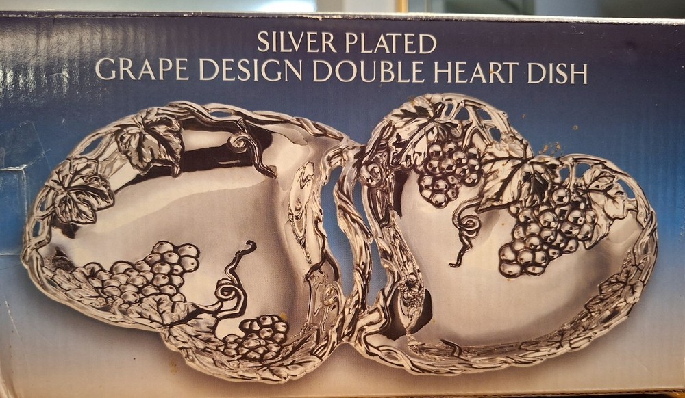Godinger Silver Plated Double Heart Dish Grape Design Decor Gift