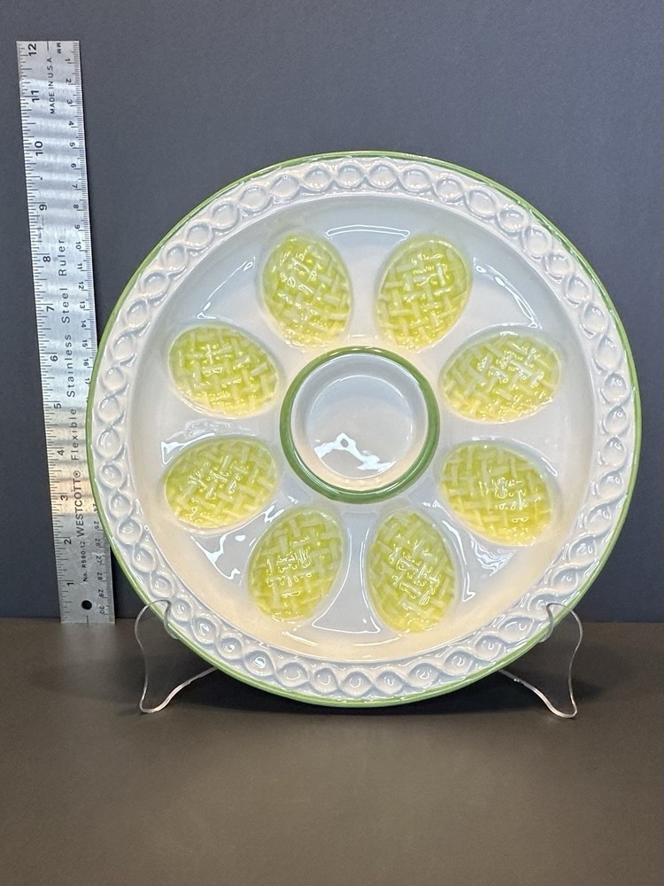 Round Deviled Egg Plate White/Yellow/Green Ceramic Great for Easter Eggs too!
