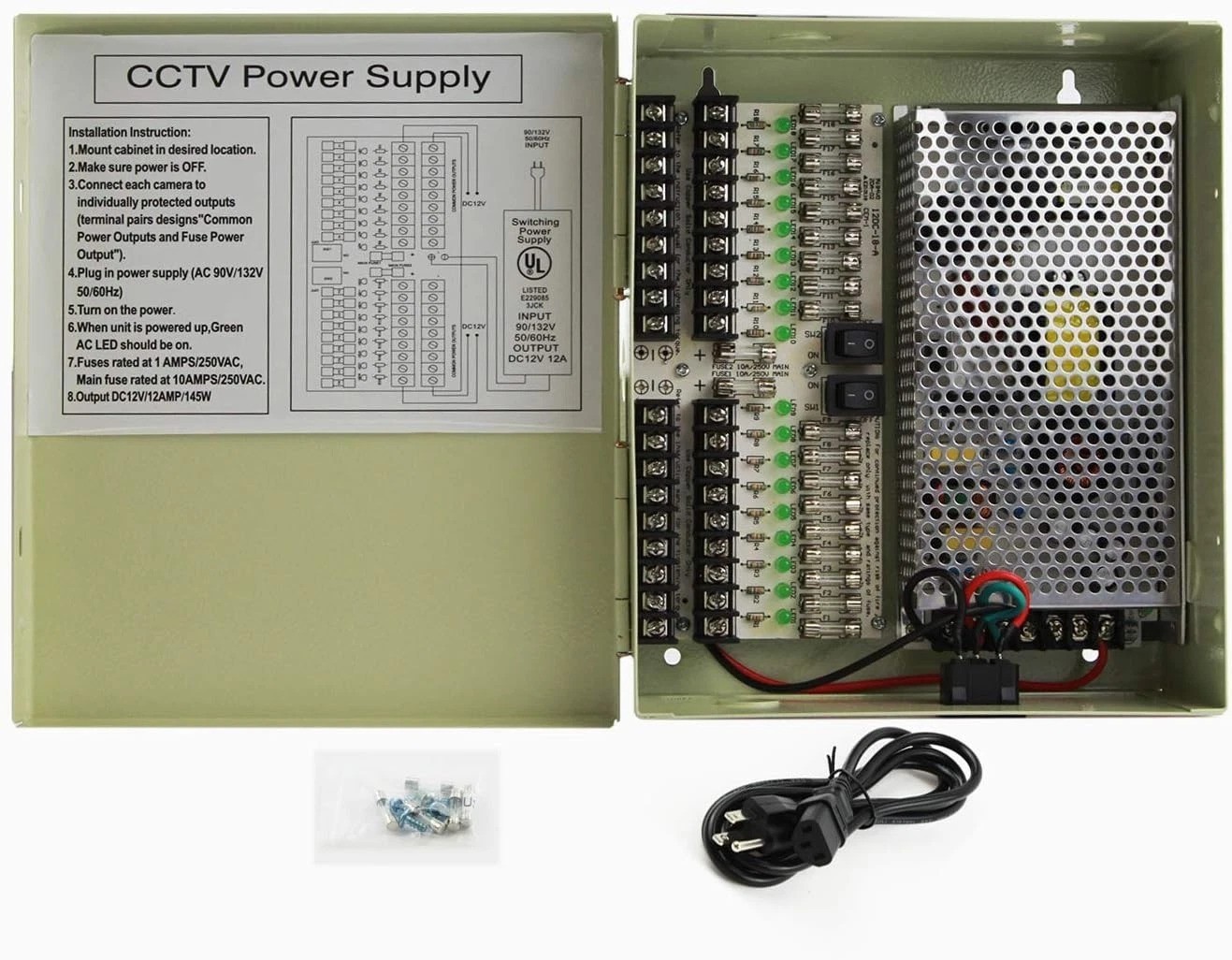 12V 12 Amp Power Supply Box with 18 Outputs for CCTV Security System - Listed