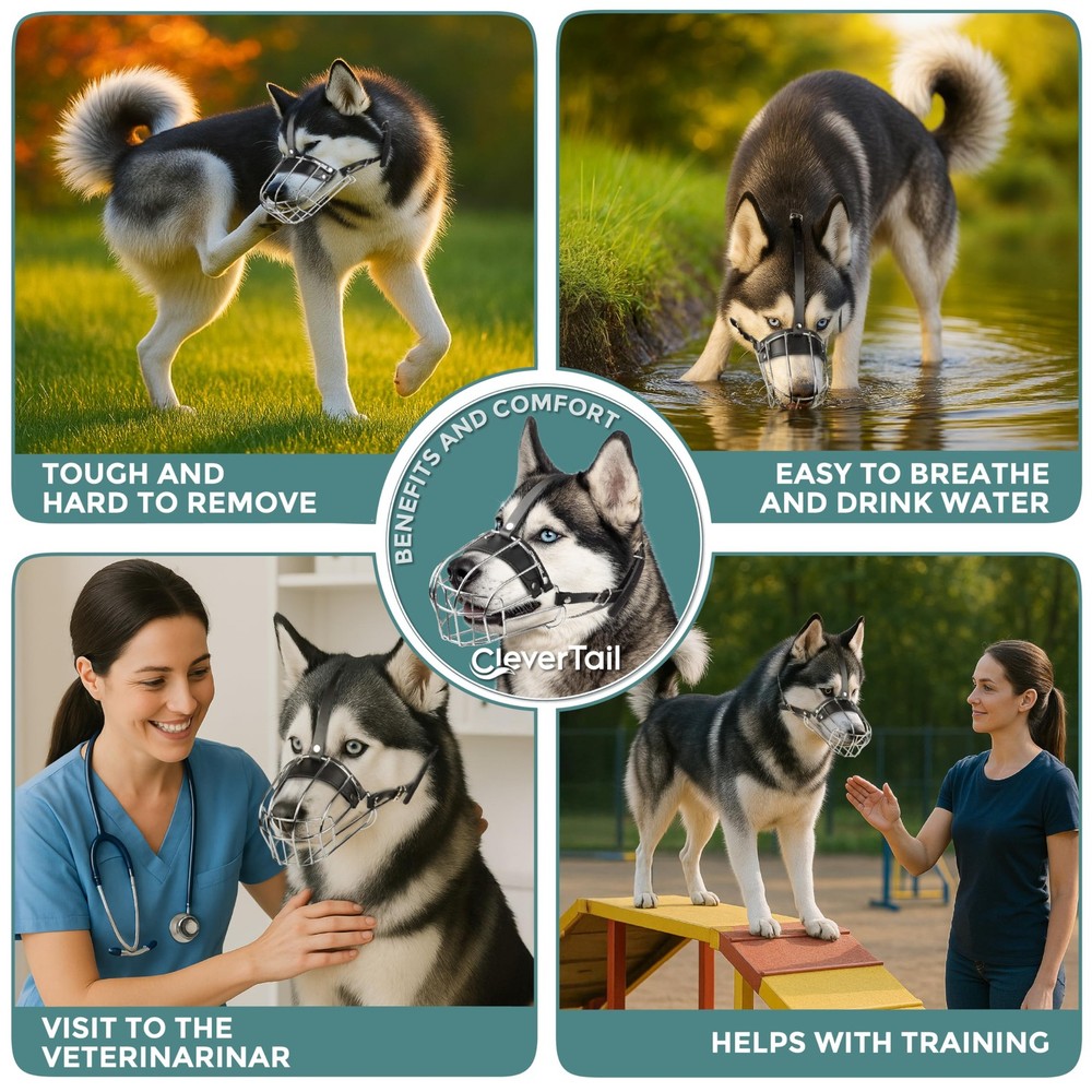 CleverTail Metal Husky Muzzle for Large Large, Silver Wire & Black Straps