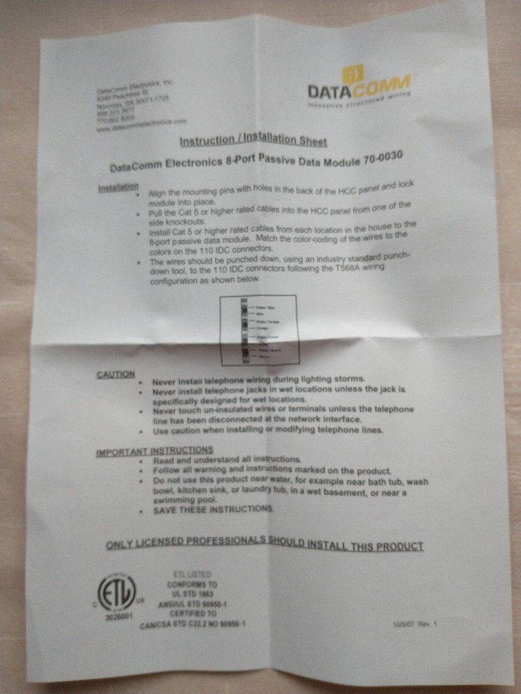 Data Comm 70-0030 8 Port CAT 5e Passive Data Module