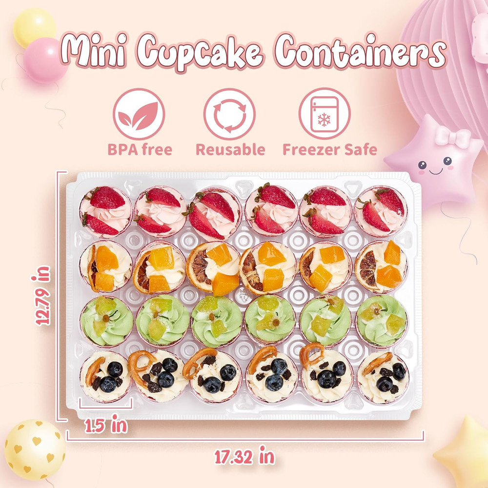 (24 Pack X 15 Sets) Mini Cupcake Containers with 375 Pack Cupcakes Liners, Pl...