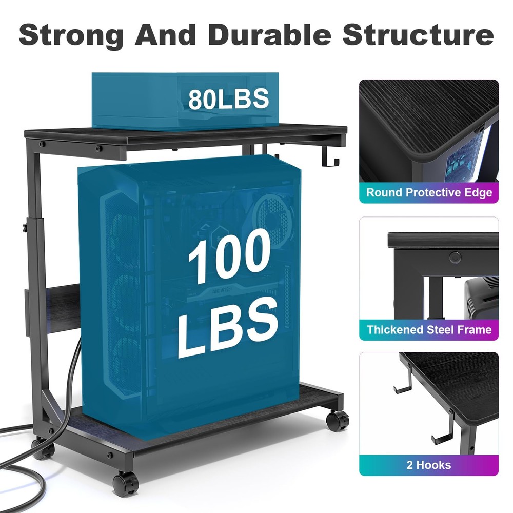 Height Adjustable Computer Tower Stand with Charge Station and 25.2", Black