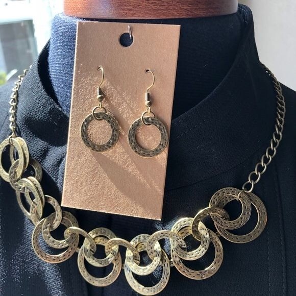 Brass Circle Statement Necklace & Earrings