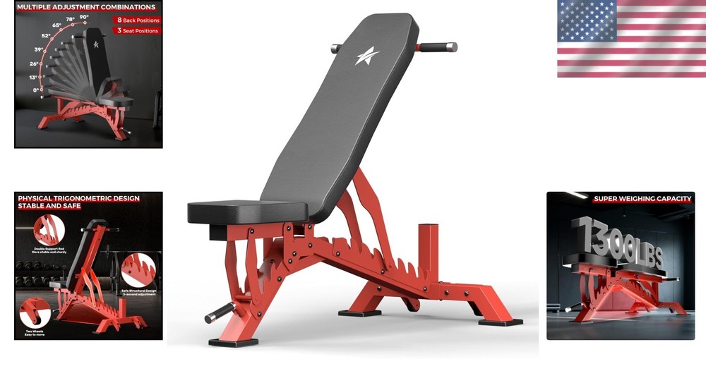 Adjustable Weight Bench for Home Gym - 1300LBS Capacity & 33" Backrest