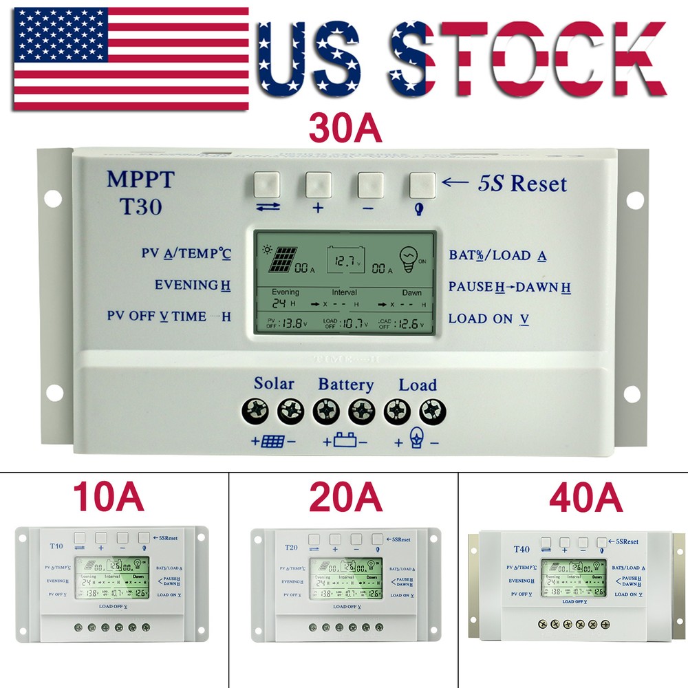 20A 30A 40A MPPT Solar Charge Controller 12V/24V Auto 3 Timer LCD Display USB U2