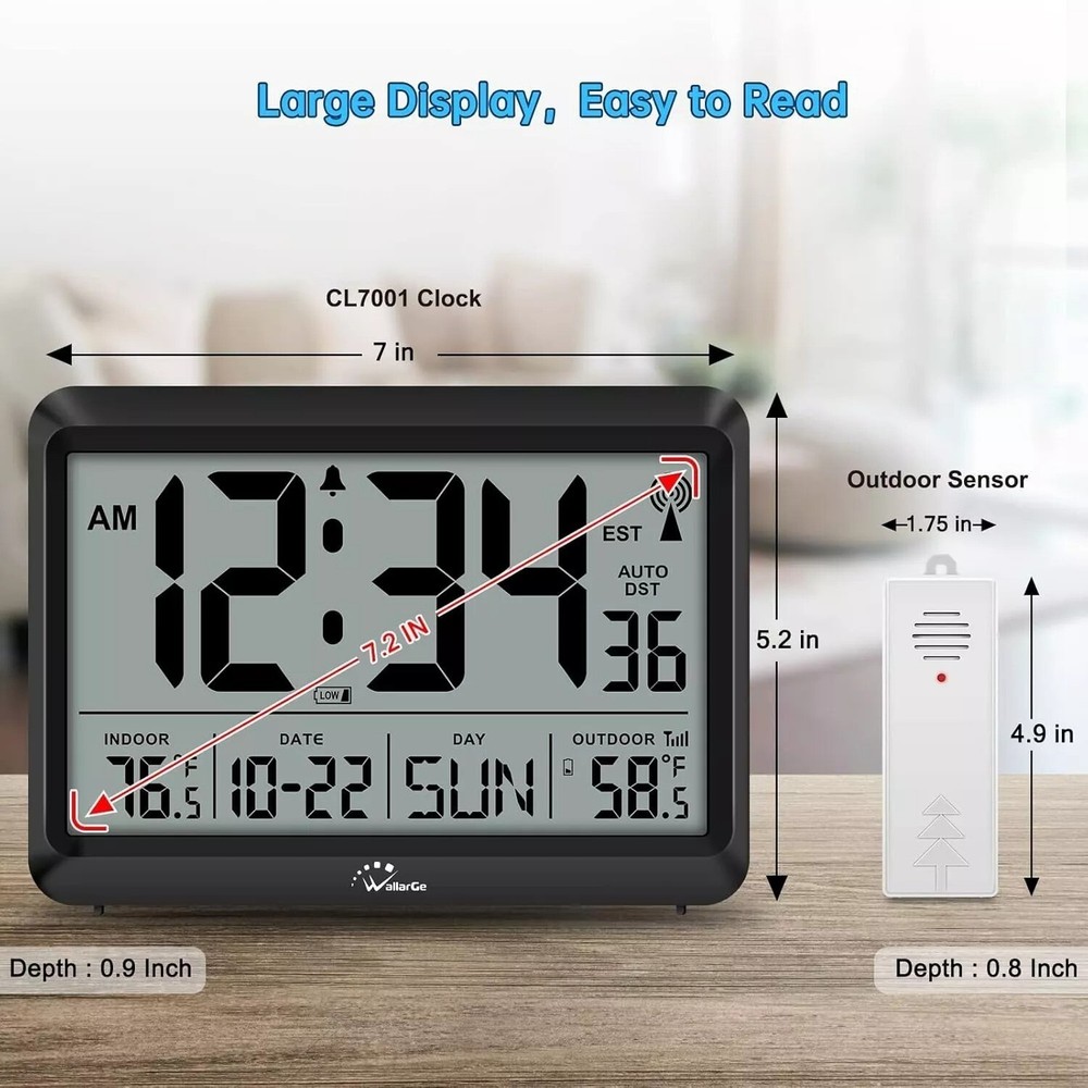 Atomic Clock With Indoor Outdoor Temperature, Self-setting Digital Wall