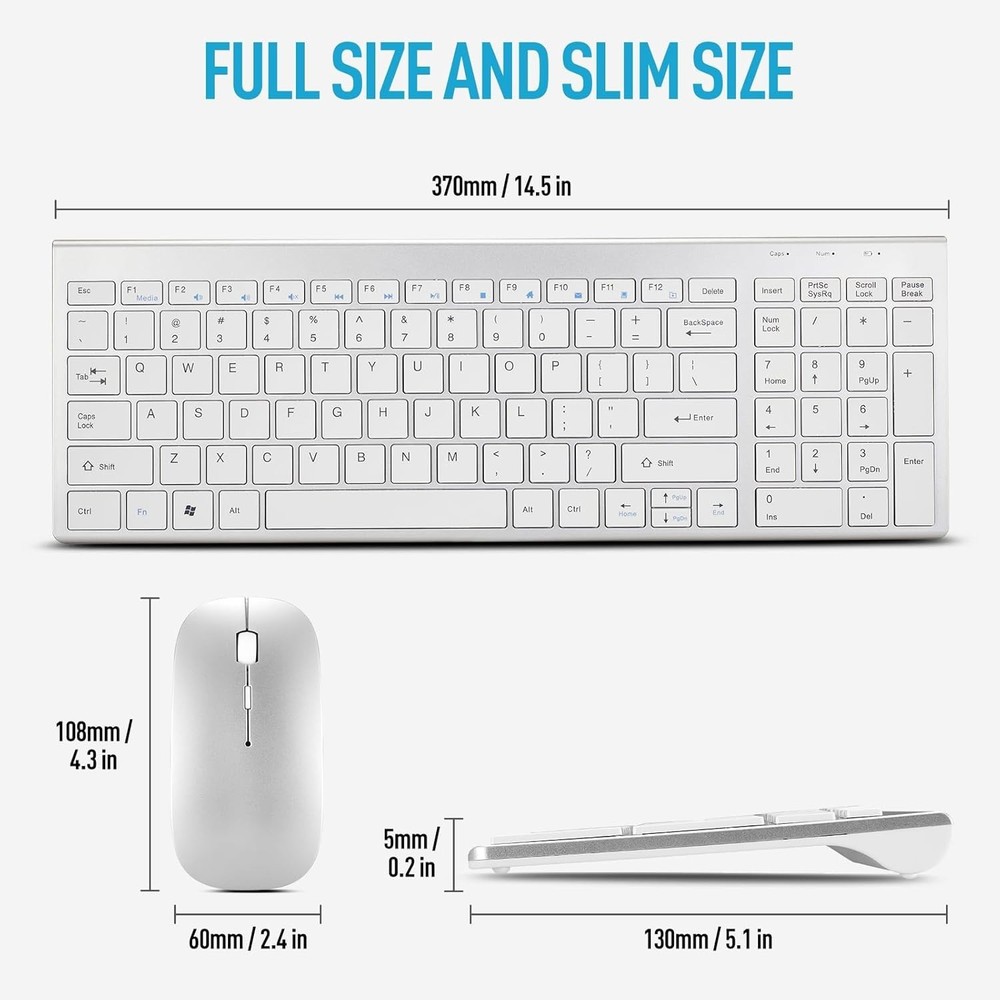Wireless Keyboard and Mouse Silver White Full Size 2.4G USB portables Quiet C...