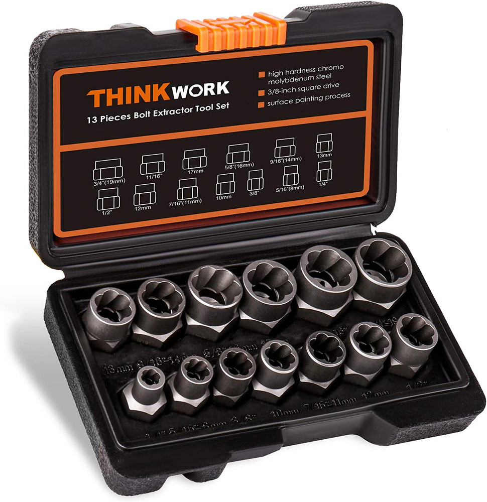 THINKWORK Bolt Extractor Kit, 13+1 Pieces Nut Extractor Socket Set, 3/8" Drive R