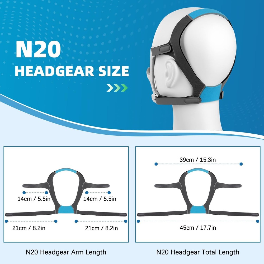 2 Pack N20 Headgear Compatible with 2 Strap + 4 Clips, Grey