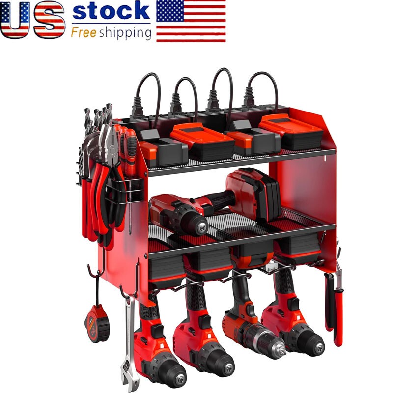 Modular Power Tool Organizer Wall Mount Garage 4 Drill Storage Shelf with Hooks