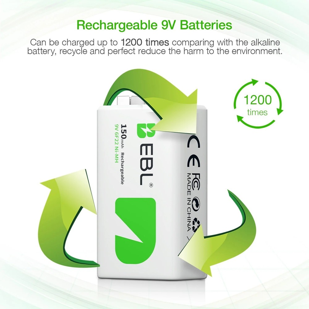 EBL 9V NIMH Rechargeable Batteries 2PCS ，2 Count,