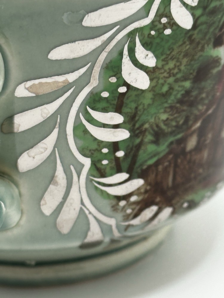 Rare Silver Overlay Pastoral Scene Poly Brown Transferware Cup