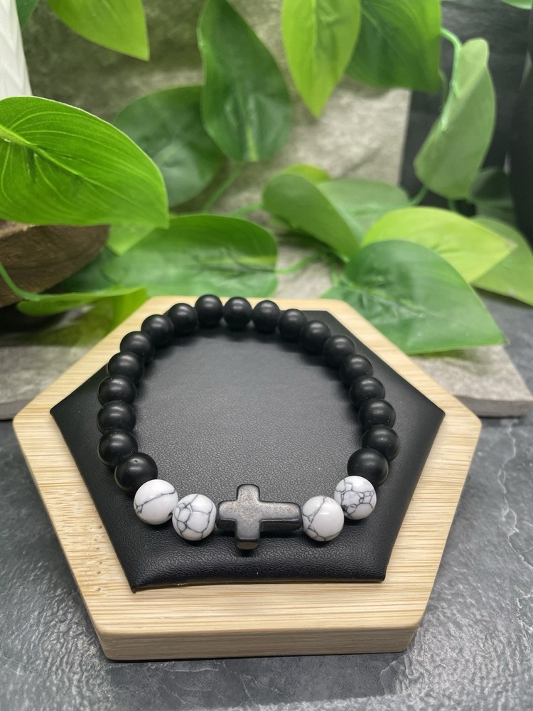 Handmade Stone Bead Stackable 7” Plus Stretch Bracelet Cross New Free Ship B8341