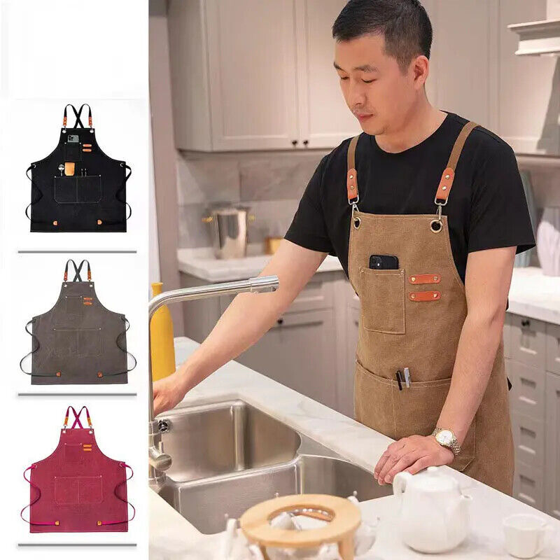 HEAVY DUTY Canvas Kitchen Chef Cooking Apron Cross-Back Adjustable Bib Work BBQ