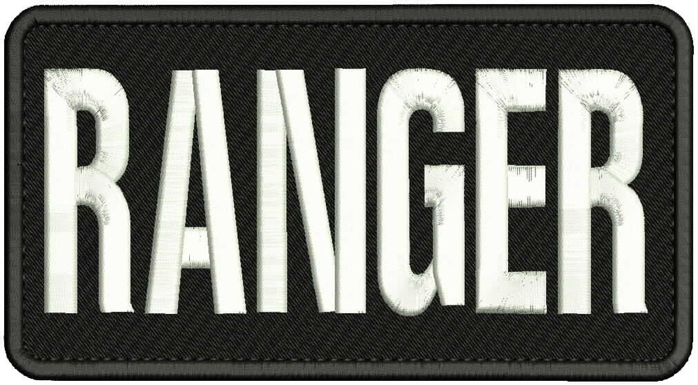 RANGER  EMBROIDERY PATCH 4X8 HOOK ON BACK  WHITE ON BLACK