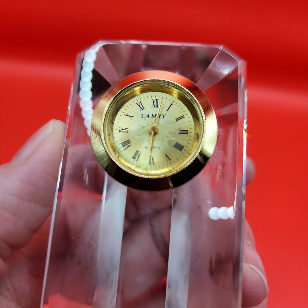 Desk Clock Crystal Cut Glass Paperweight Camry Gold Tone Triangular Column Nice!