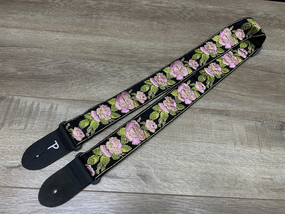 Perri's Premium Pink Rose Jaquard Weaved on Webbing Backing Guitar Strap