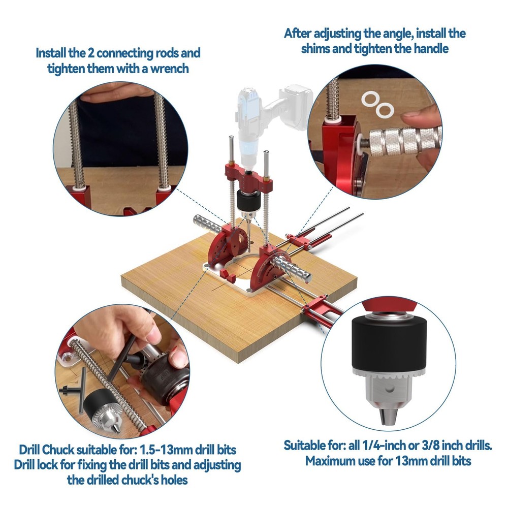 Portable Multi-Angle Drill Guide for Power Drills, 0° to 60° Self-Centering