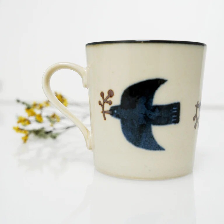 Mino Ware Ceramic Mug With Blue Seagull Design Lightweight Material Coffee Cup
