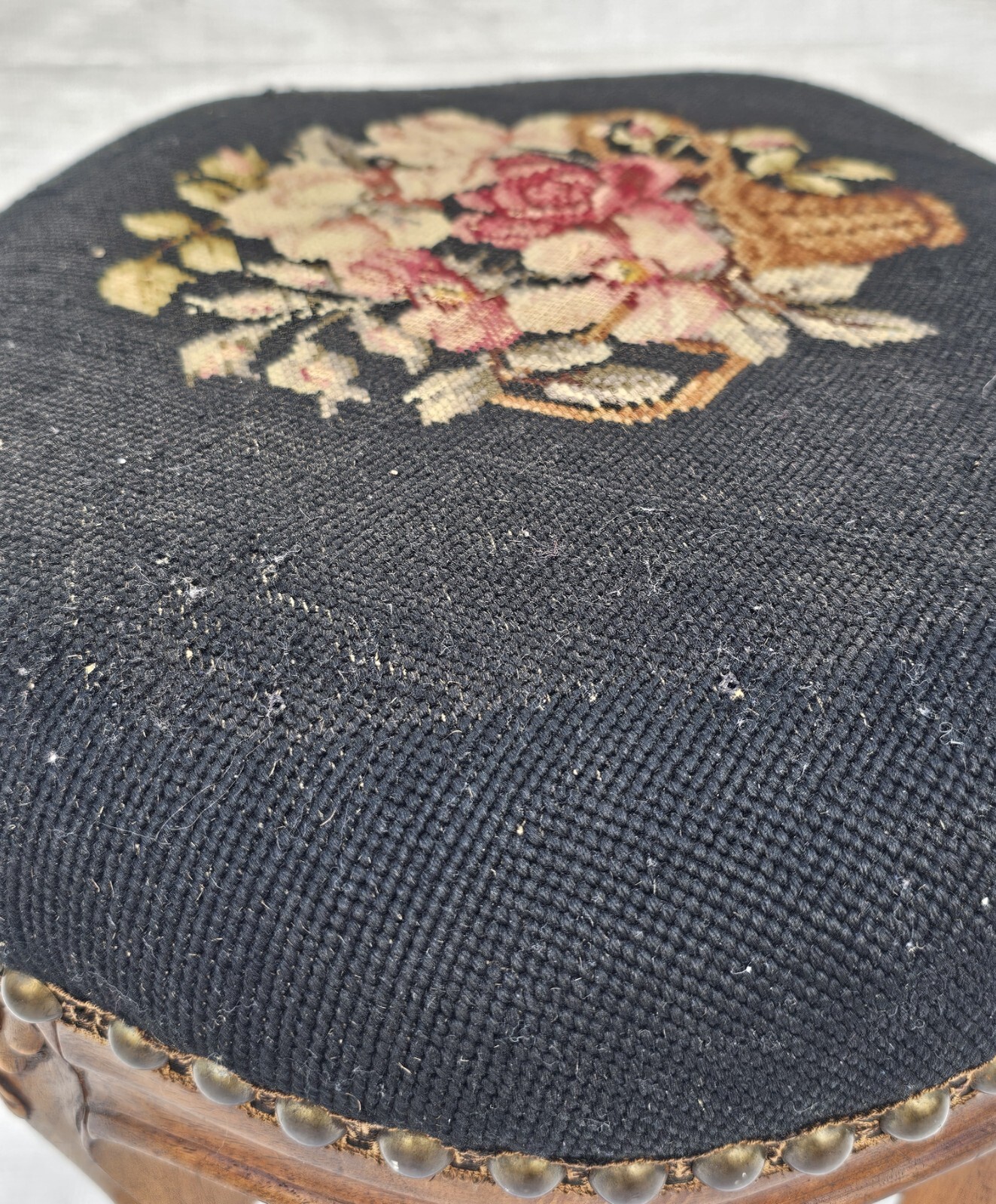 Antique 1930s French Louis XV Footstool – Carved Wood Cabriole Legs Needlepoint