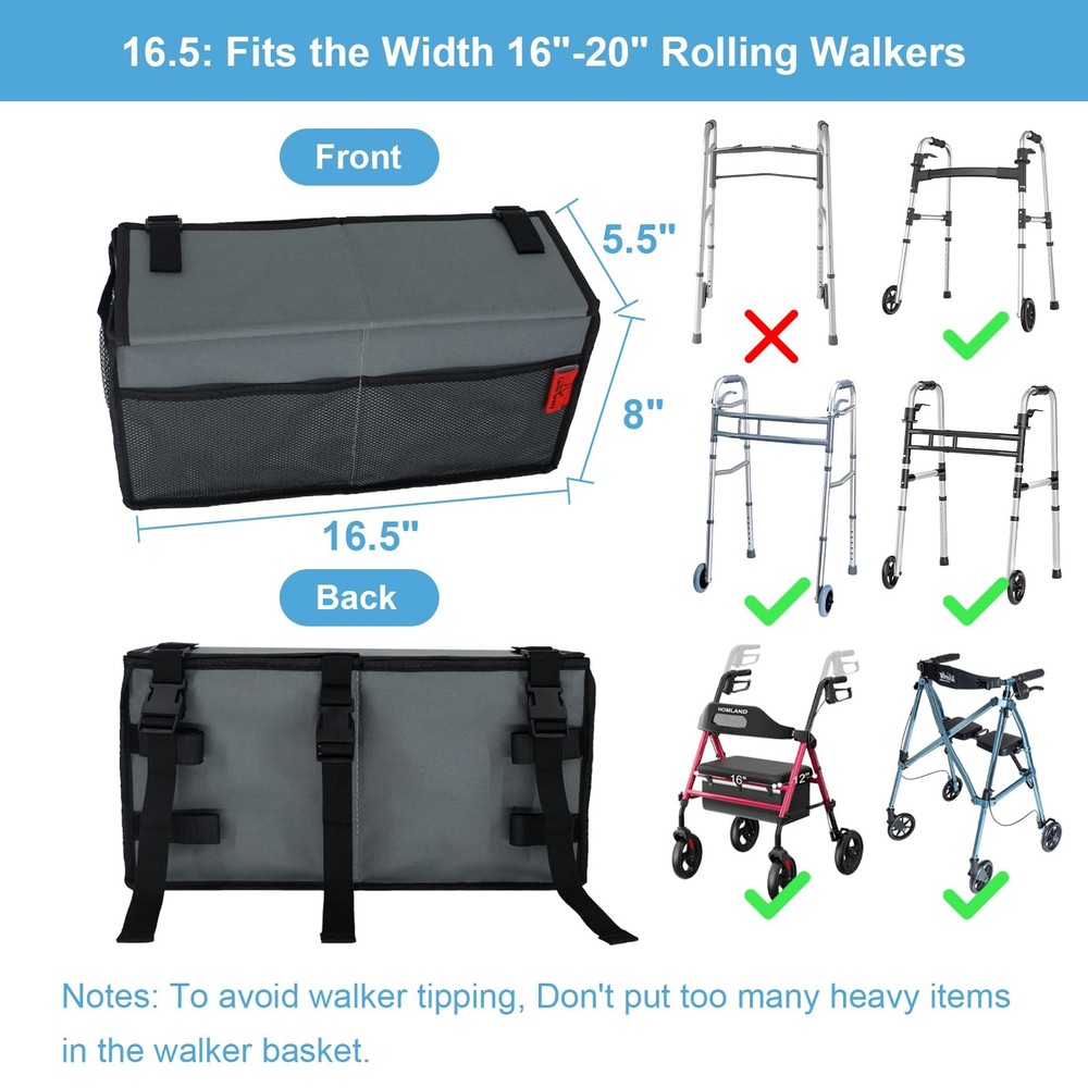 Walker Basket for Width 16"-20" Folding Walkers/Rollators, Large Capacity Wal...