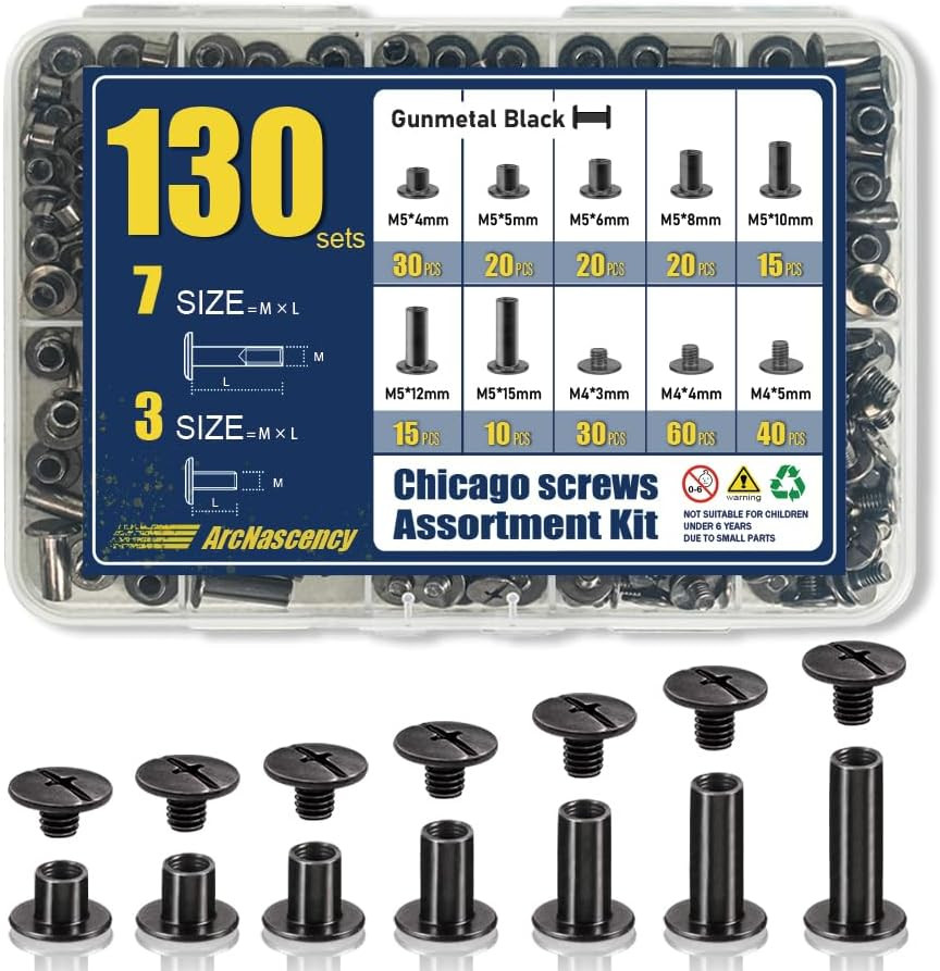 130 Sets Black Chicago Screws Kit M4 M5 Binding Rivets for Leather Belt Book DIY