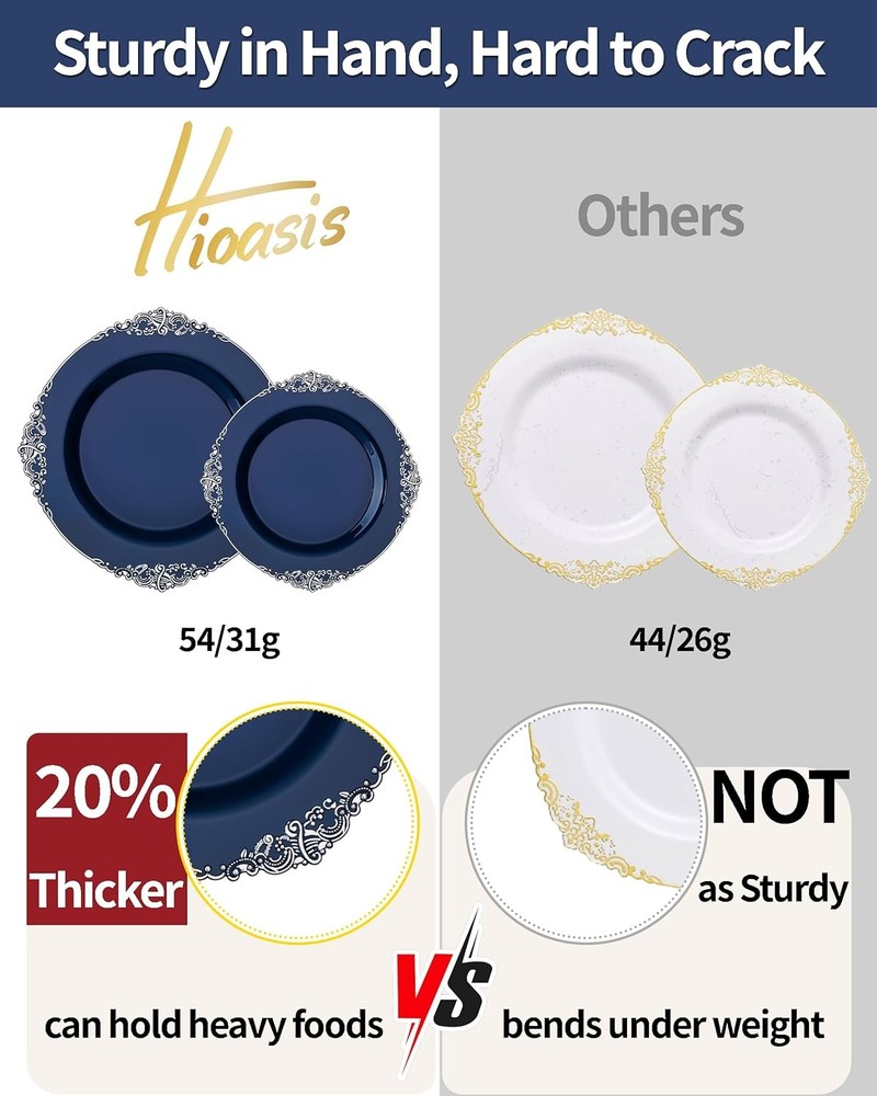 175pcs Blue & Silver Plastic Plates Elegant Disposable Dinnerware Set Suitable