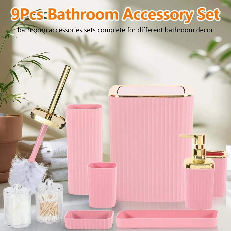 Bathroom Accessory Set ,9 Pieces Pink Bathroom Accessory Set with Trash Can