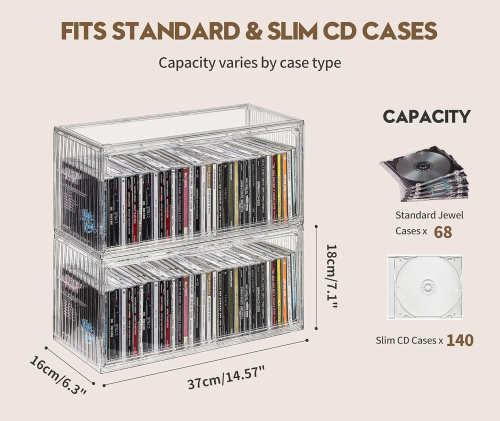 2-Pack Clear CD Storage Box, Stackable CD Case Holder with Full-View Design, Har