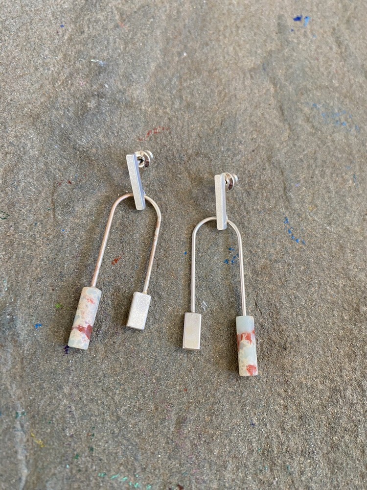 Artisan Earrings Agate Silver Plate U Shape Dangle Stone Block Art