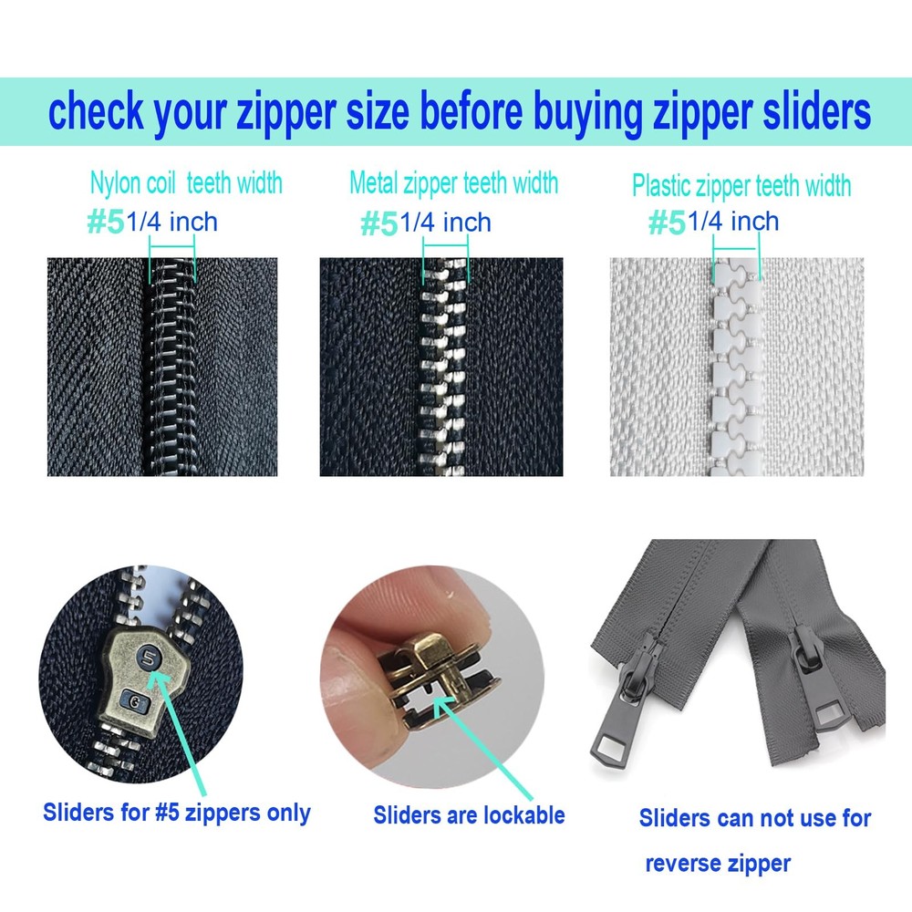 12PCS Zipper Repair Kit #5 Lockable Sliders Pulls Top & Bottom Stops Coats Pack