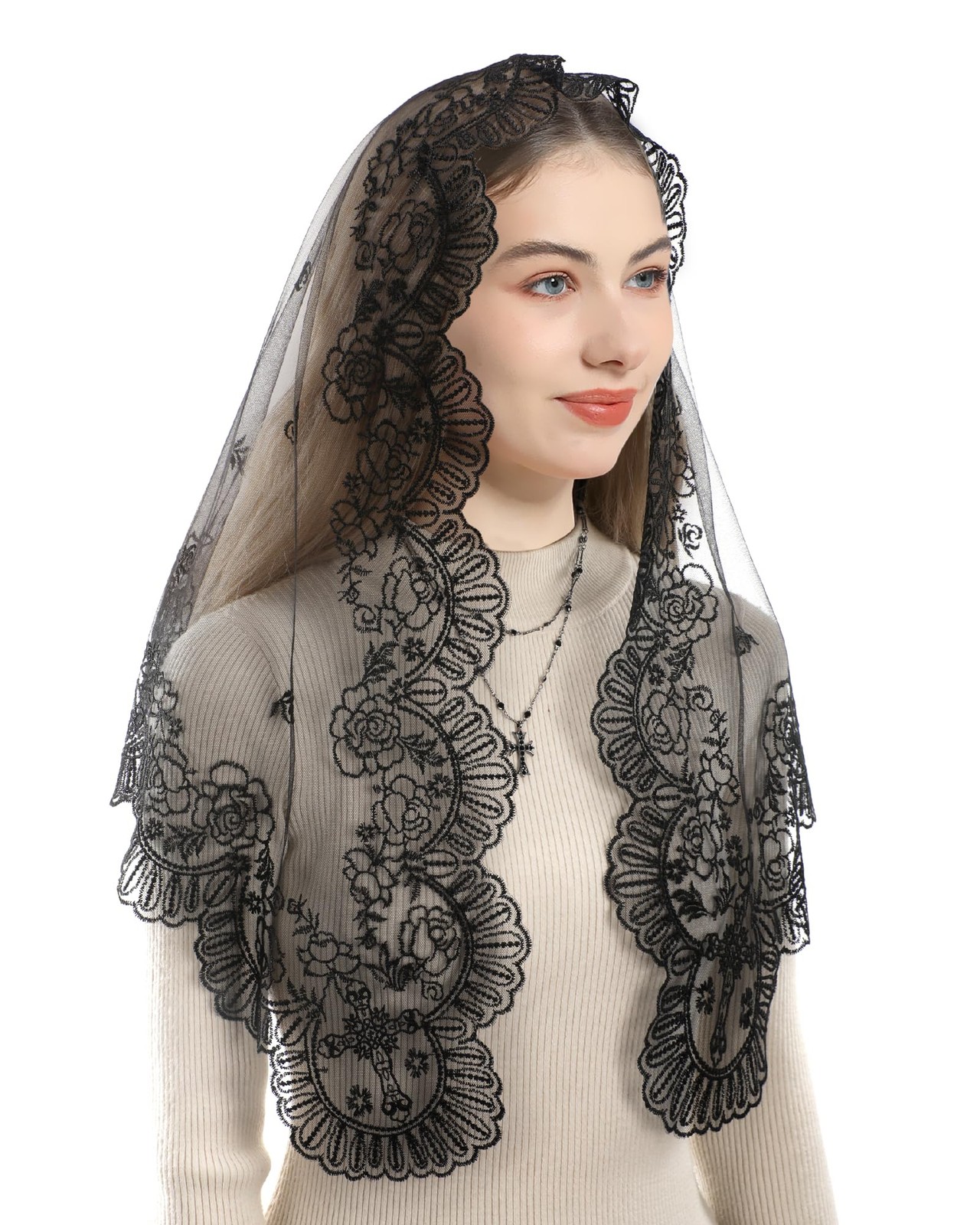 Mantilla Veils for Church Catholic, Triangle Black Seven Sorrows Sacred Heart...
