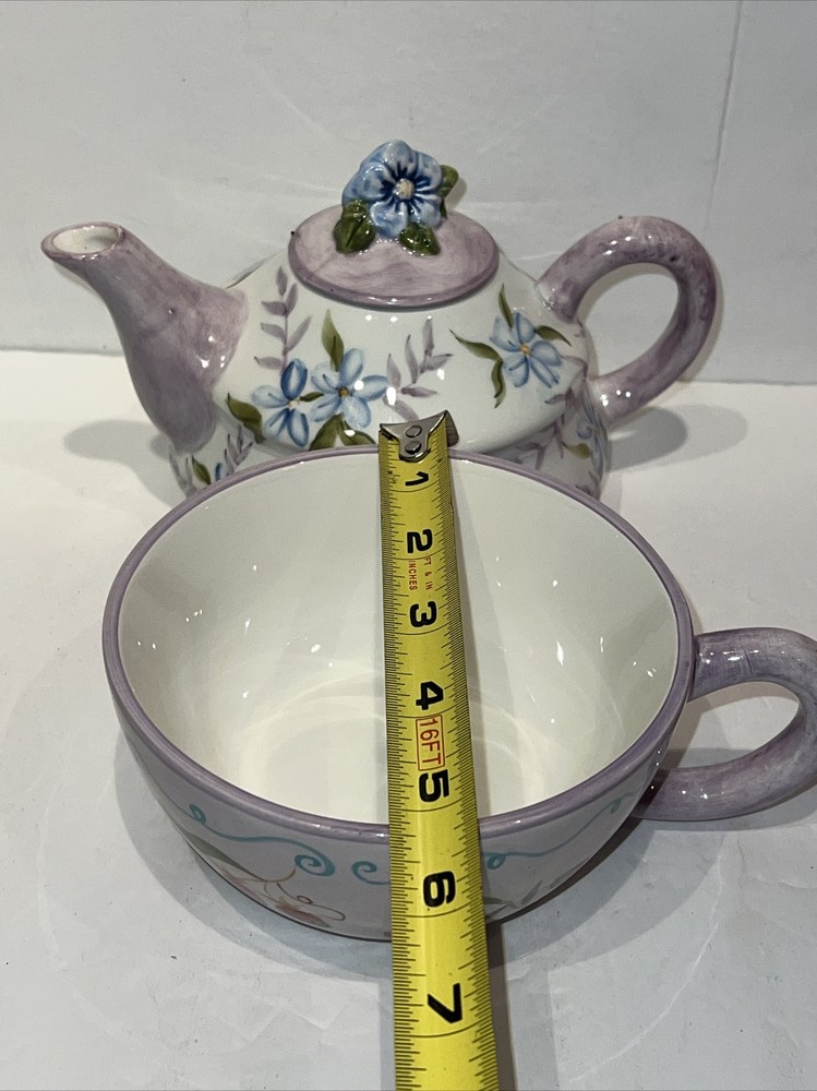Capriware Ceramic Teapot Tea for One Cup Purple Blue Flowers