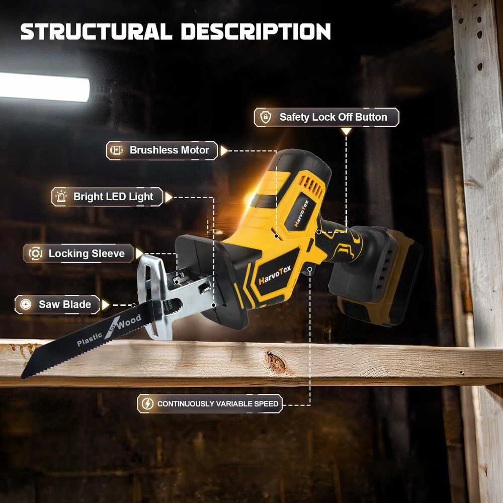 Brushless Cordless Reciprocating Saw for Dewalt 20V Max Variable Speed Tool Only