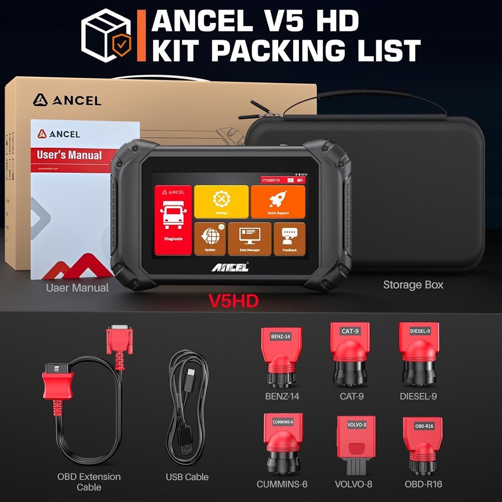 ANCEL V5 HD Heavy Duty Trucks Diagnostic OBD2 Scanner ECU Coding BI-Directional