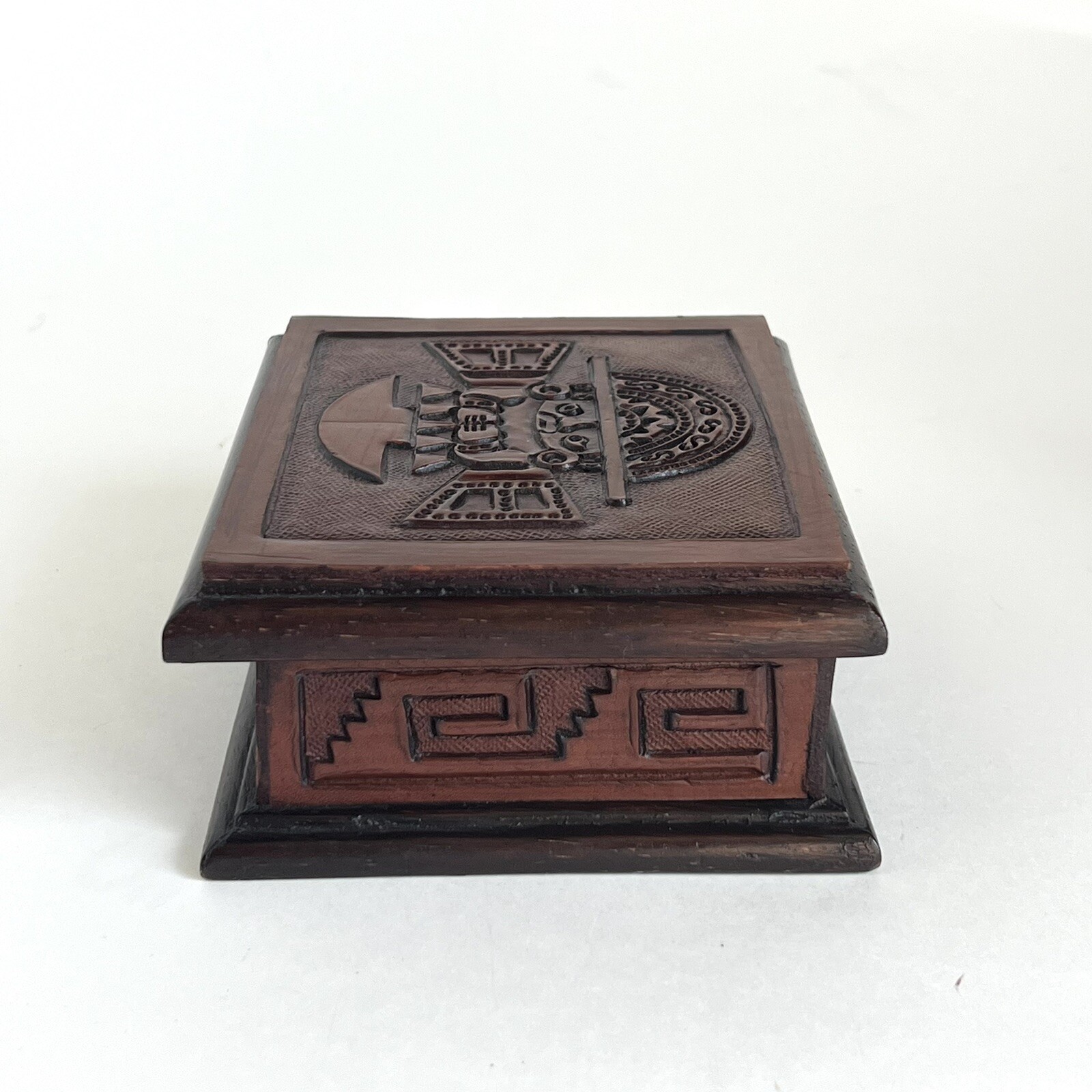 Engraved Wood Jewelry Trinket Box Peruvian Inca God of Creation With Mirror 5.5