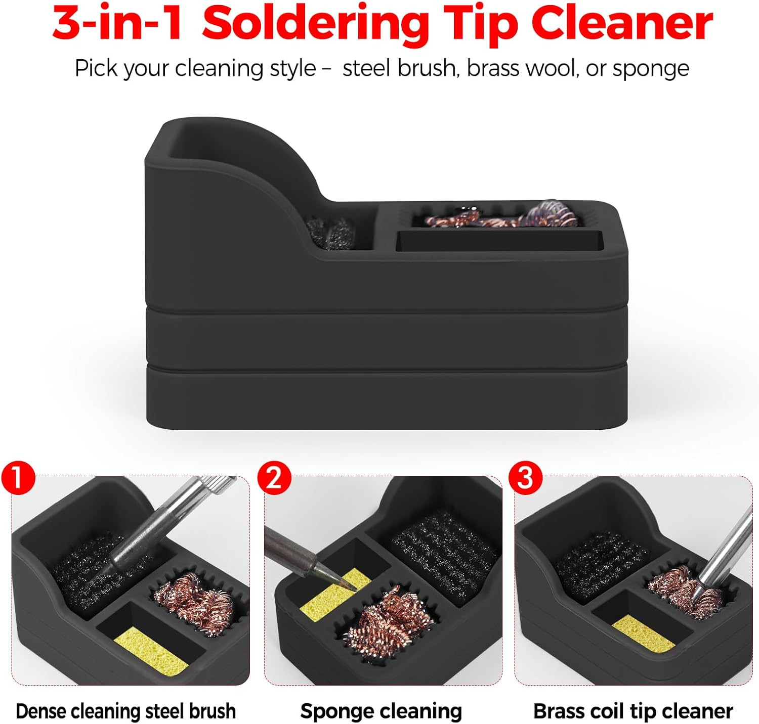 Soldering Iron Tip Cleaner Kit with Brass Wool, Sponge,Steel Brush in Black Sili