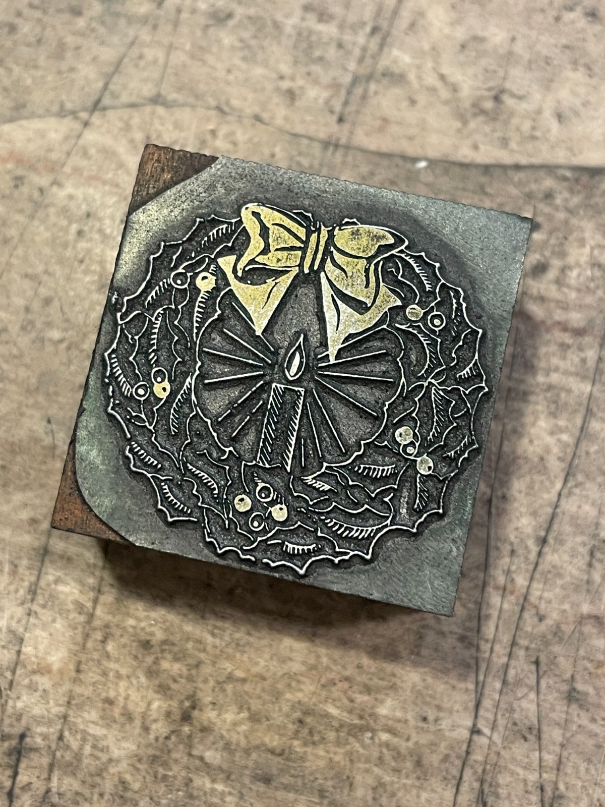 Printing Letterpress Printers Block Christmas Wreath With Bow And Candle (1357)