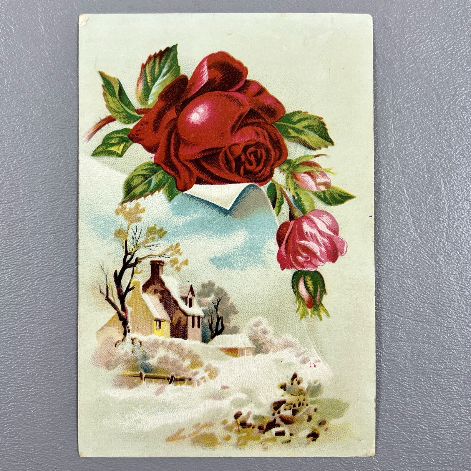 Victorian Trade Card Winter Scene Cottage Red Roses Rosebud Snow